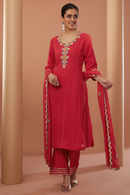 Red Georgette Hand Embroidered Kurta Set