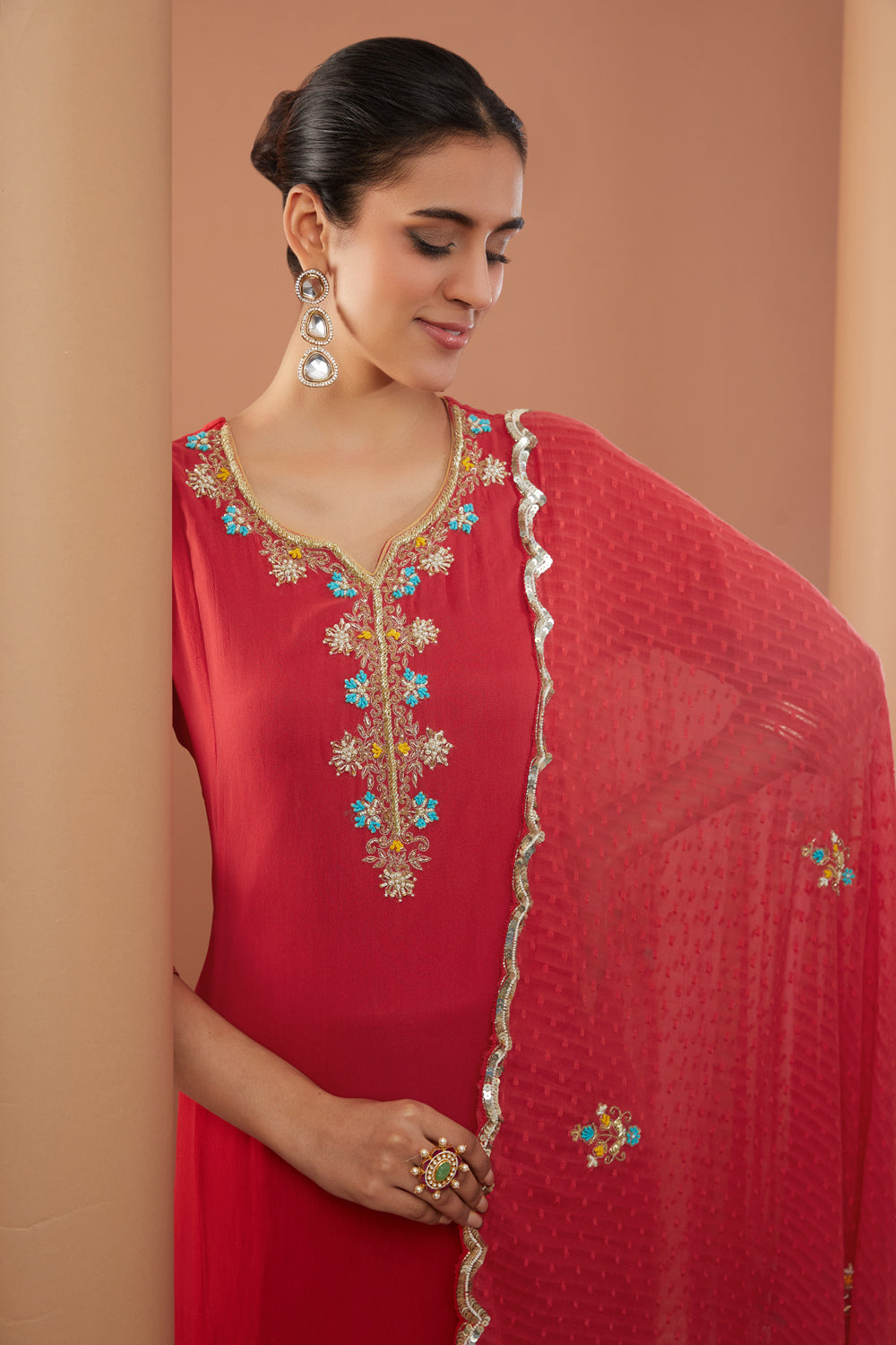 Red Georgette Hand Embroidered Kurta Set