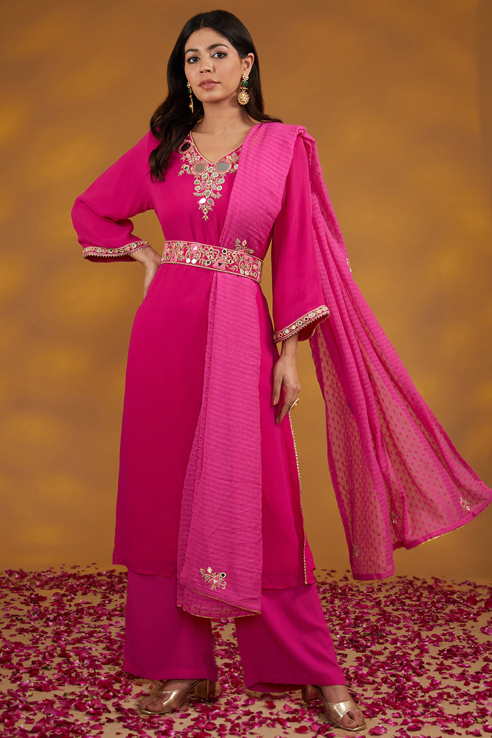 Pink Georgette Hand Embroidered Kurta Set