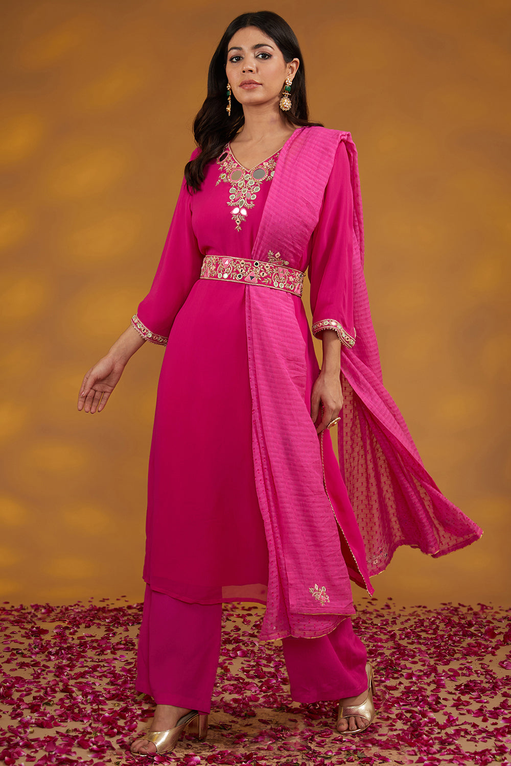 Pink Georgette Hand Embroidered Kurta Set