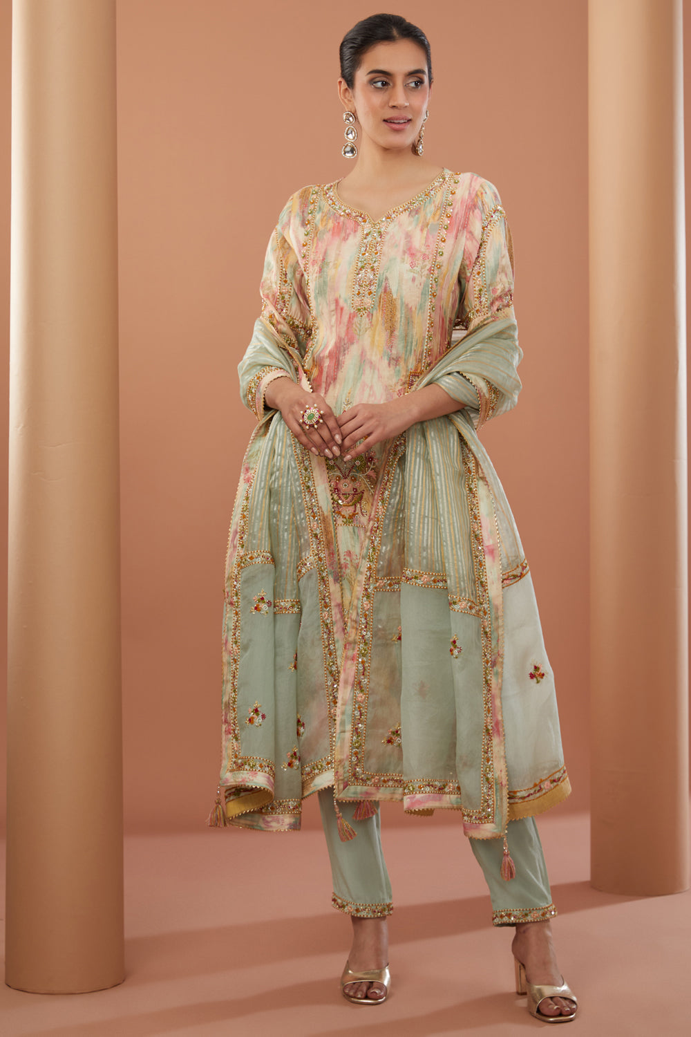 Beige Chanderi Silk Hand Embroidered Kurta Set