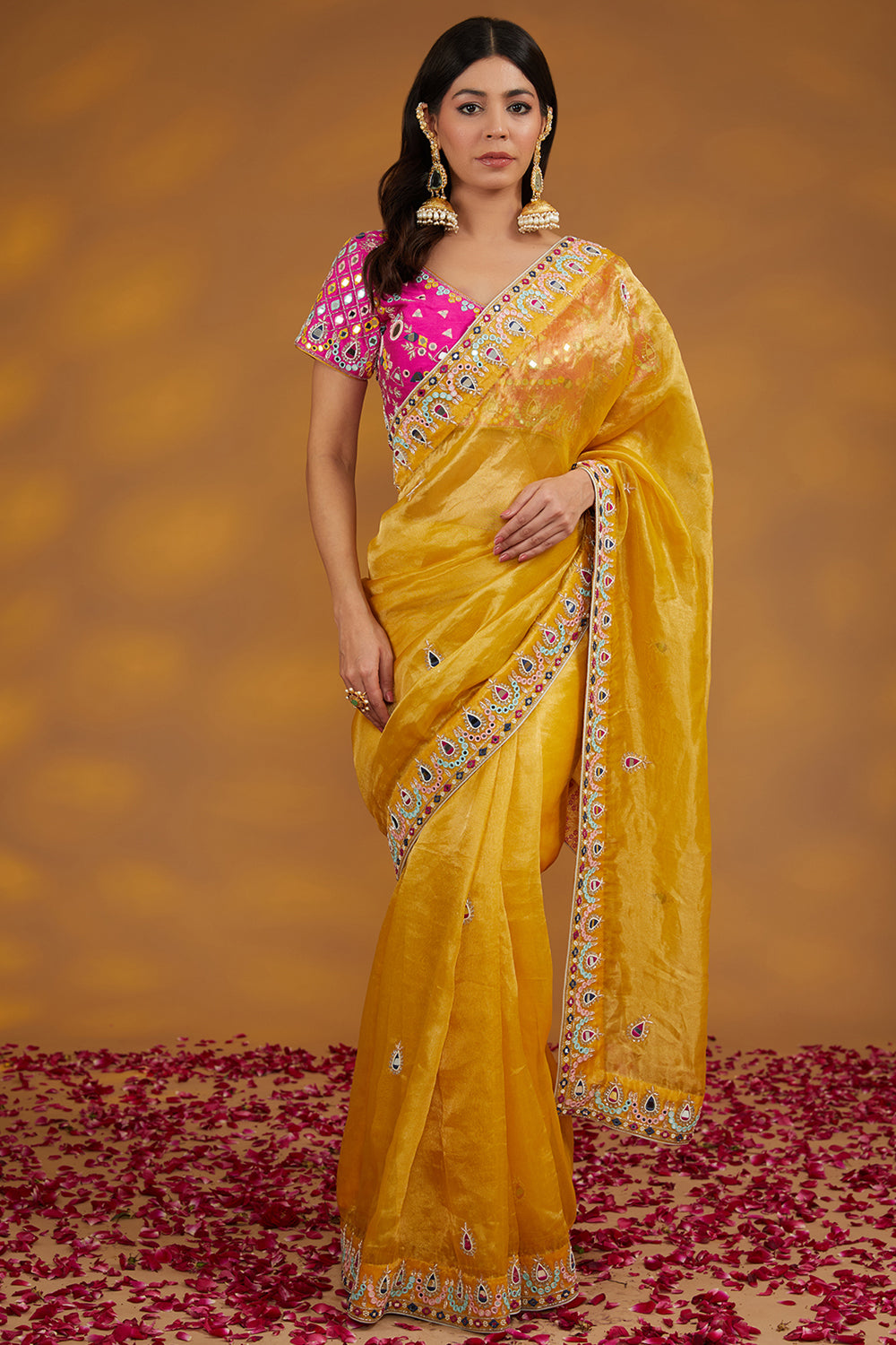 Yellow Organza Hand Saree Set Set