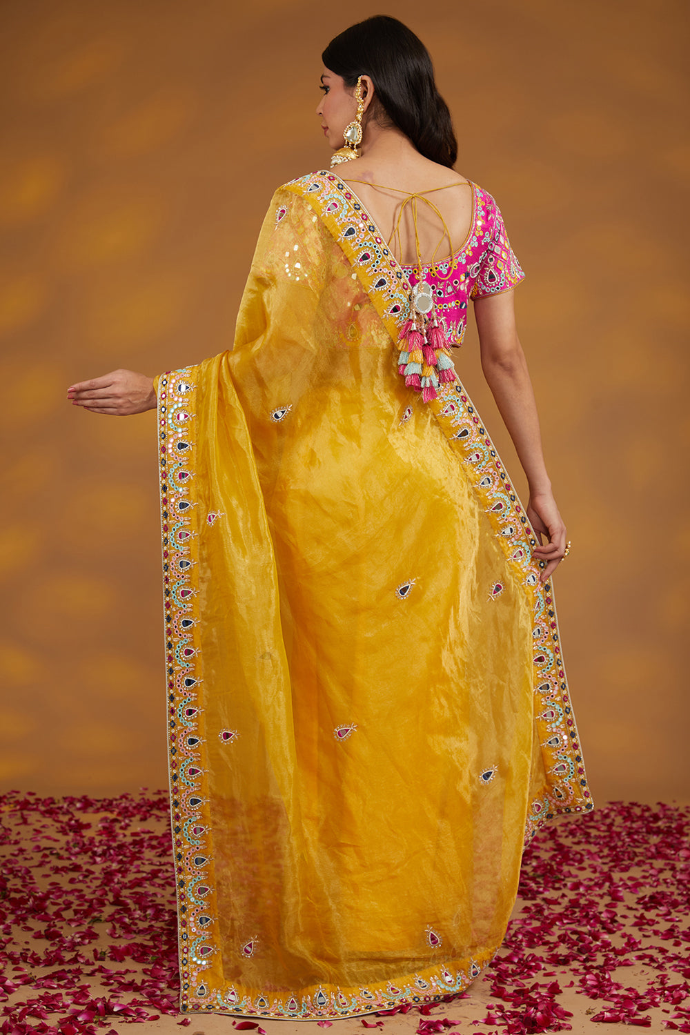 Yellow Organza Hand Saree Set Set