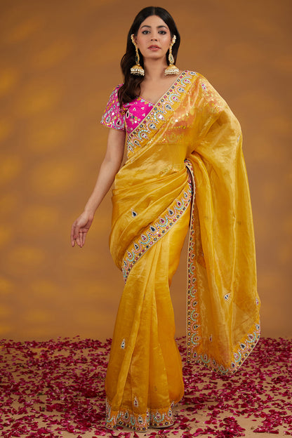 Yellow Organza Hand Saree Set Set