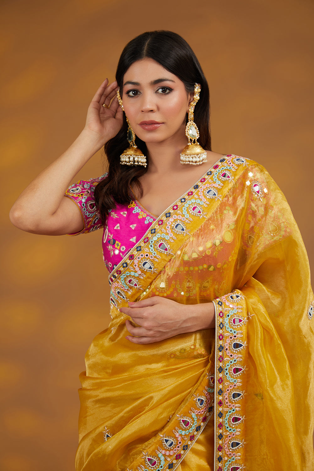 Yellow Organza Hand Saree Set Set