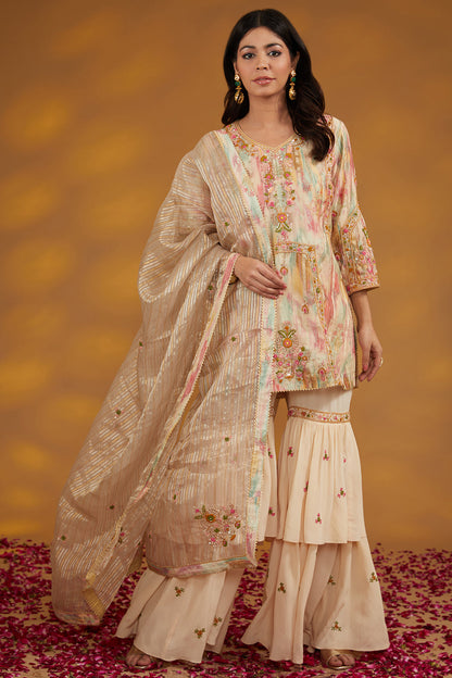 Beige Chanderi Silk Hand Embroidered Sharara Set