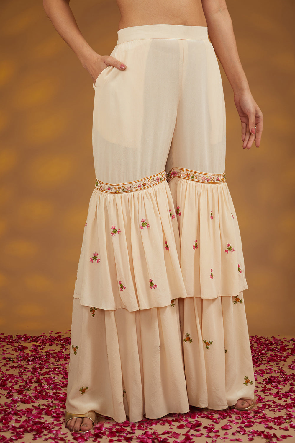 Beige Chanderi Silk Hand Embroidered Sharara Set