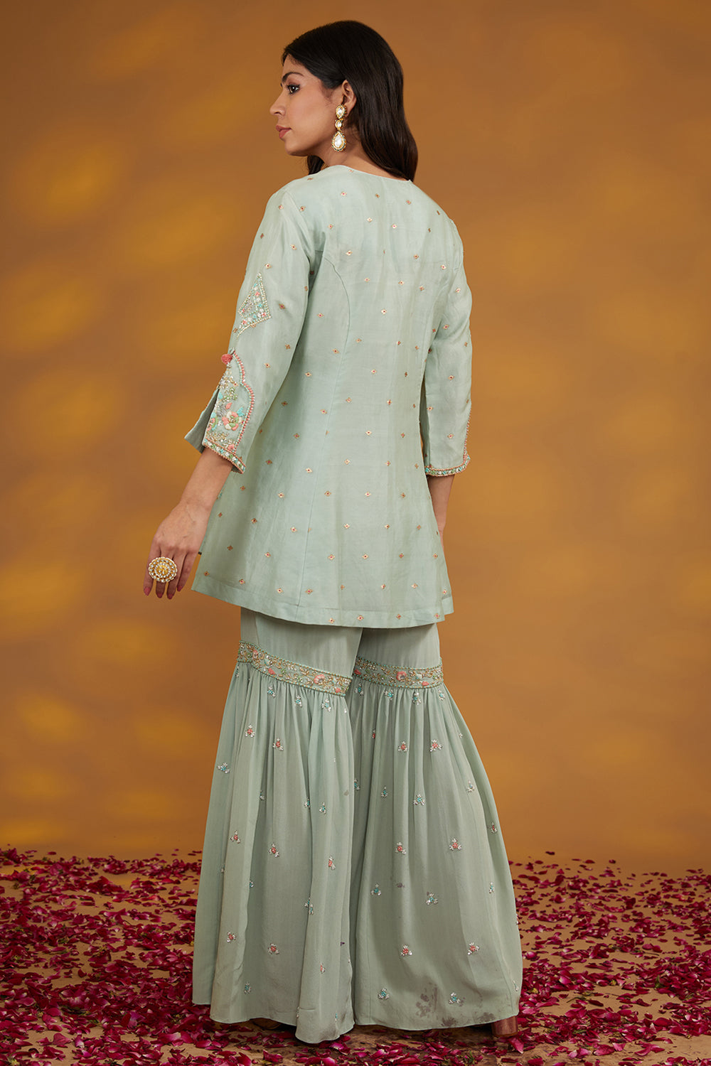 Blue Organza Hand Embroidered Sharara Set