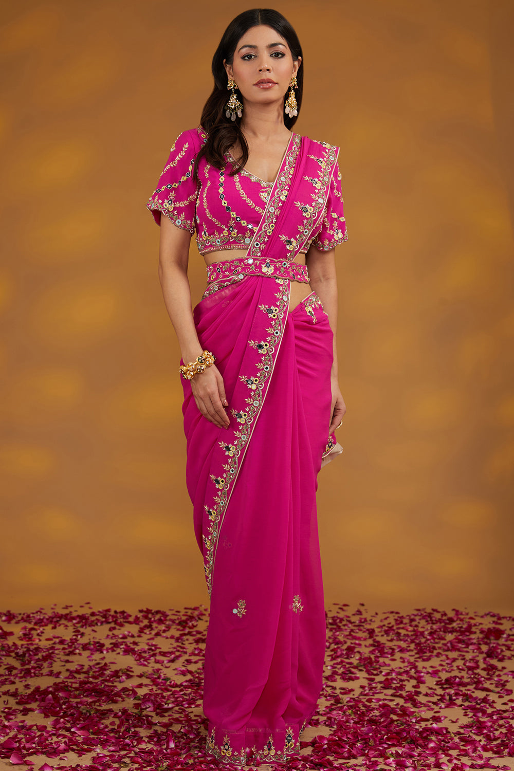 Pink Georgette Hand Saree Set Set