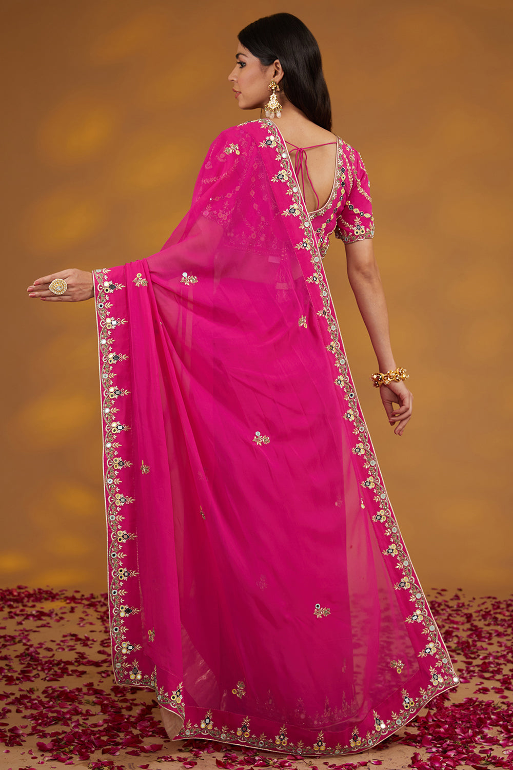 Pink Georgette Hand Embroidered Saree Set