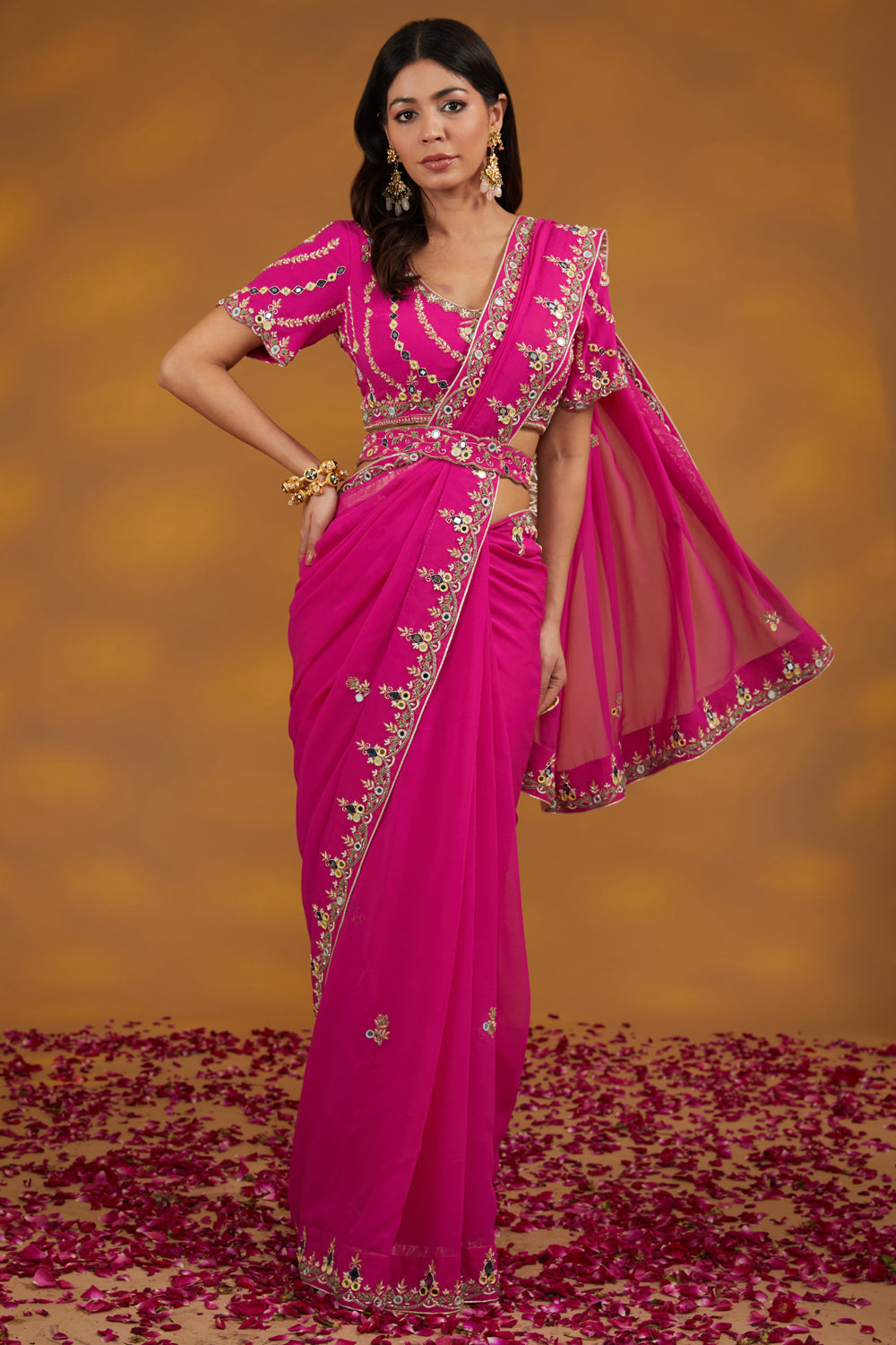 Pink Georgette Hand Saree Set Set