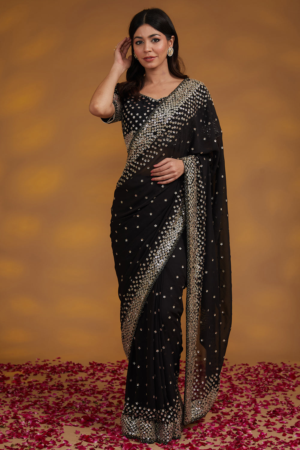 Black Georgette Hand Saree Set Set