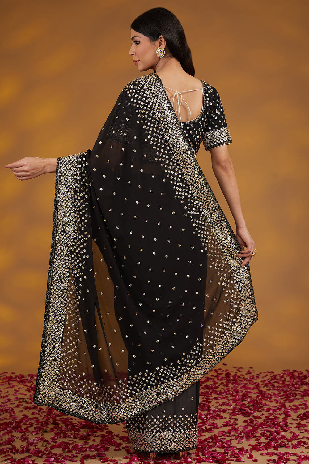 Black Georgette Hand Embroidered Saree Set