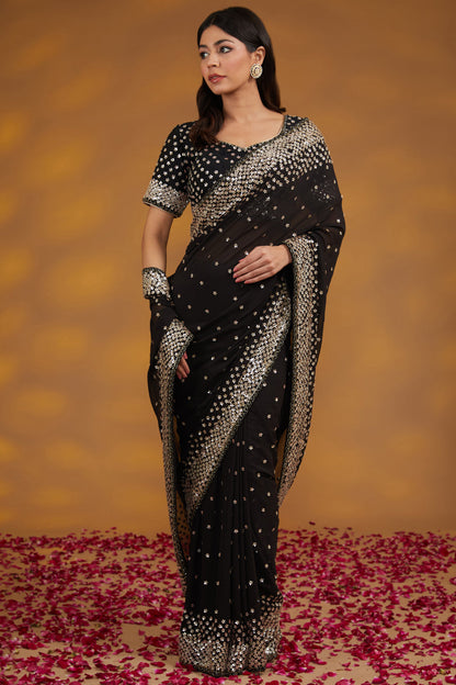 Black Georgette Hand Saree Set Set