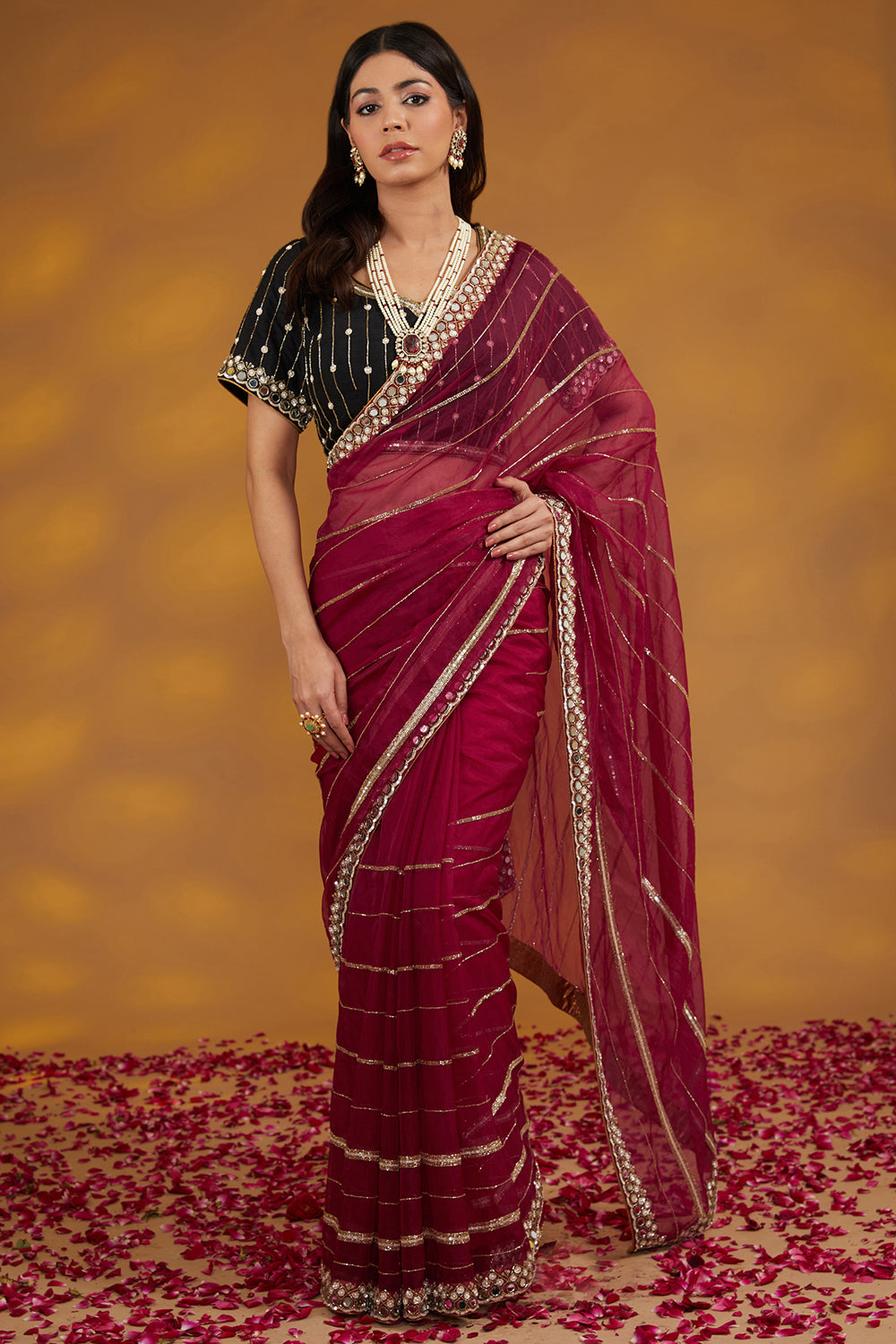 Maroon Organza Hand Saree Set Set