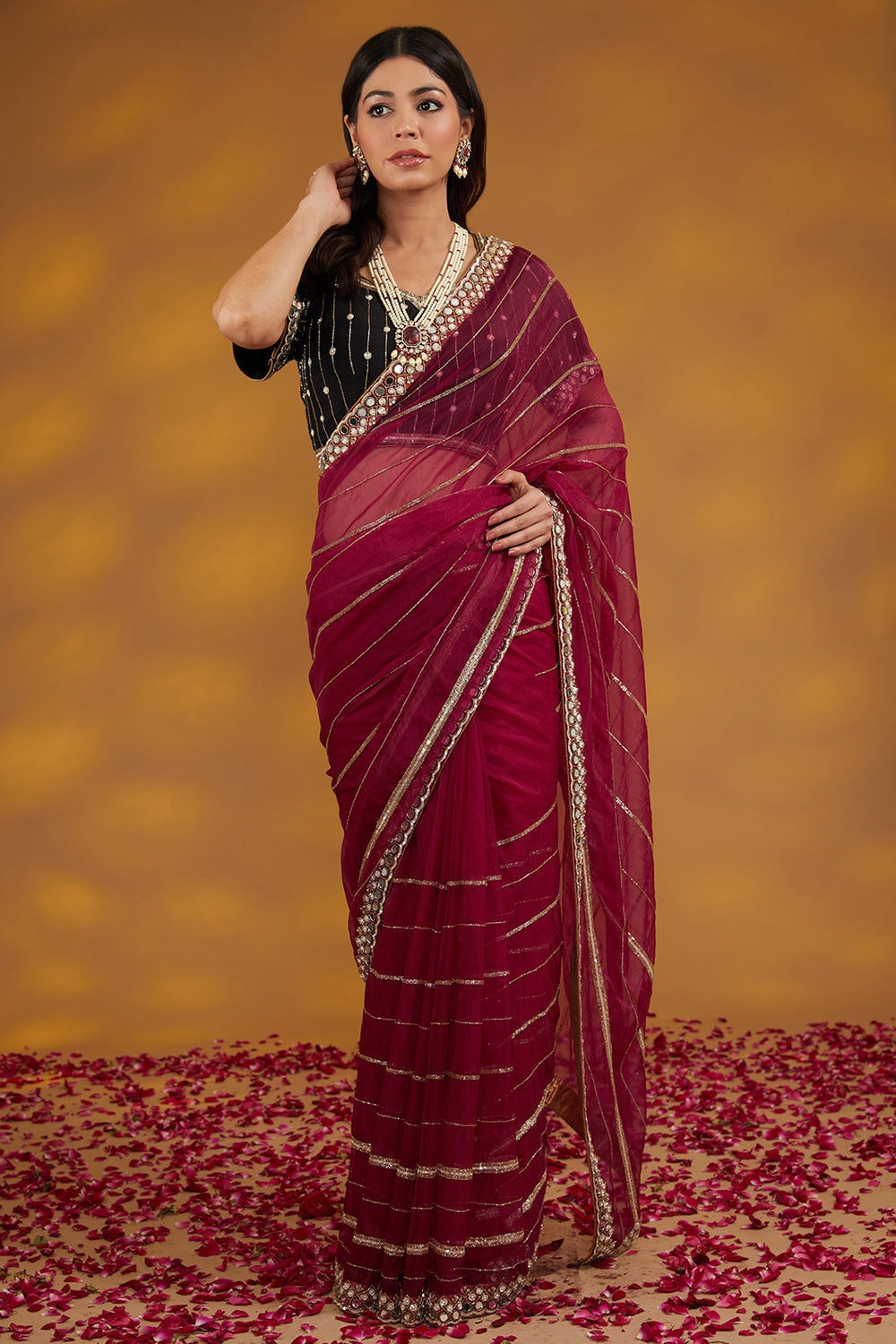 Maroon Organza Hand Saree Set Set