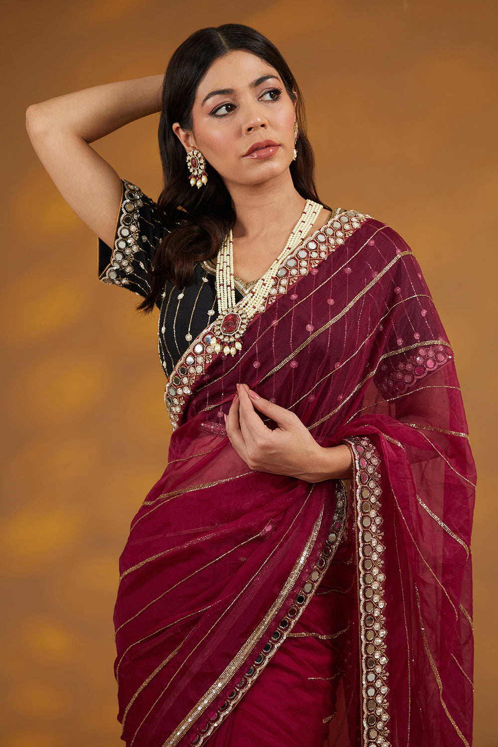 Maroon Organza Hand Saree Set Set