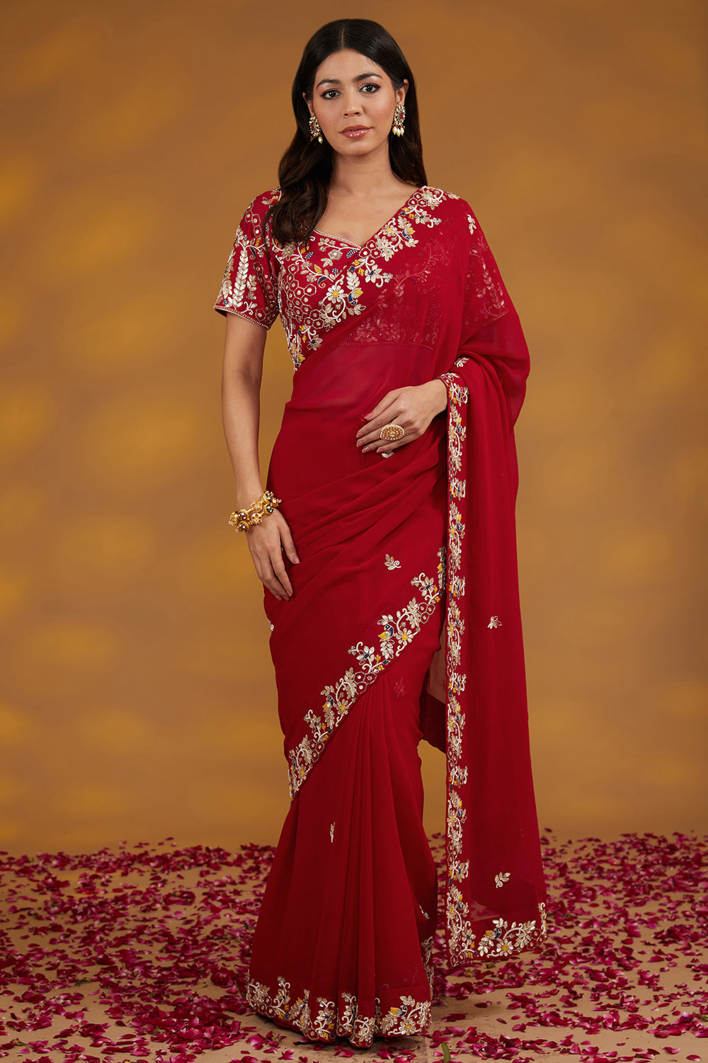 Red Georgette Hand Embroidered Saree Set