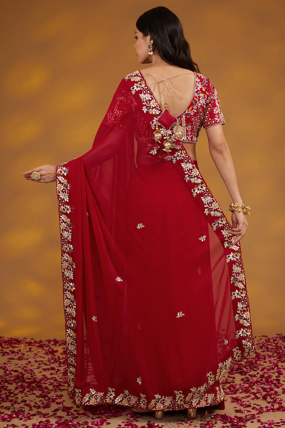 Red Georgette Hand Embroidered Saree Set