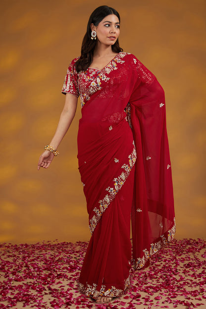 Red Georgette Hand Saree Set Set