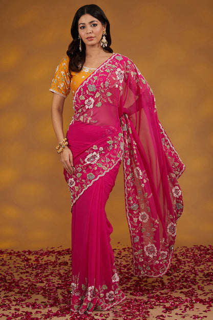 Pink Georgette Hand Saree Set Set