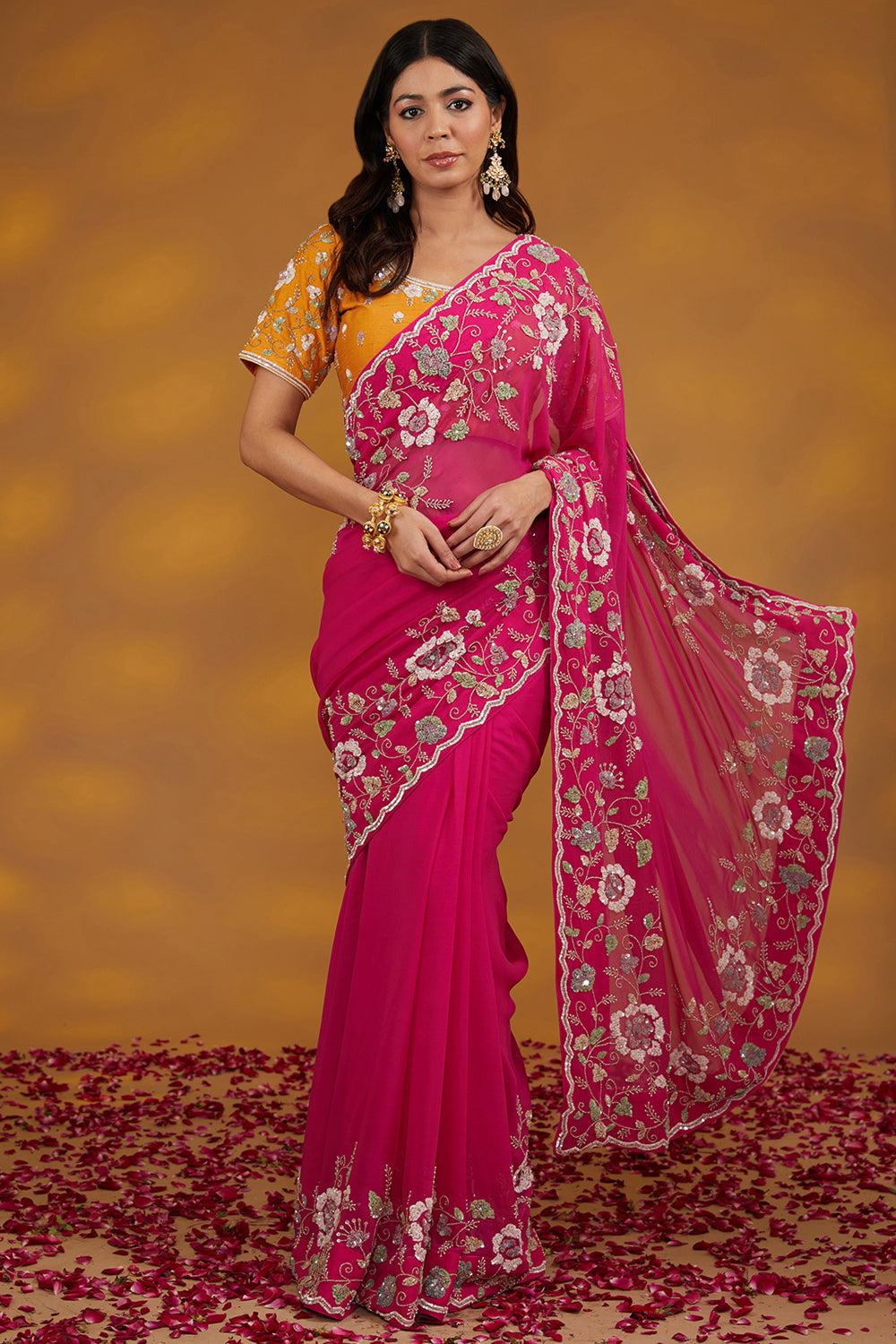 Pink Georgette Hand Saree Set Set