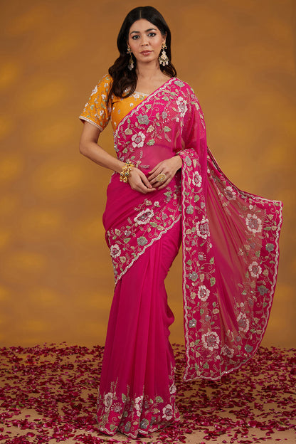 Pink Georgette Hand Saree Set Set