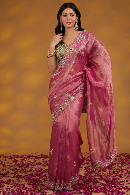 Pink Organza Tissue Hand Saree Set Set