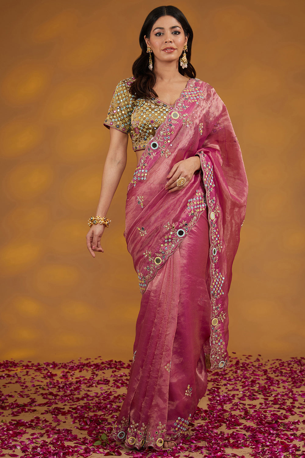 Pink Organza Tissue Hand Saree Set Set