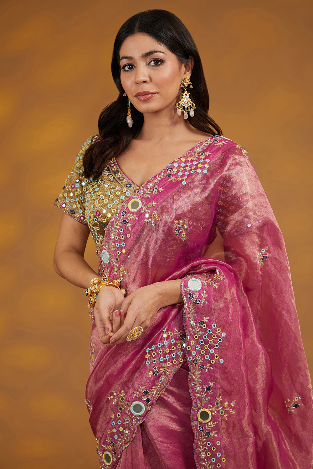 Pink Organza Tissue Hand Saree Set Set