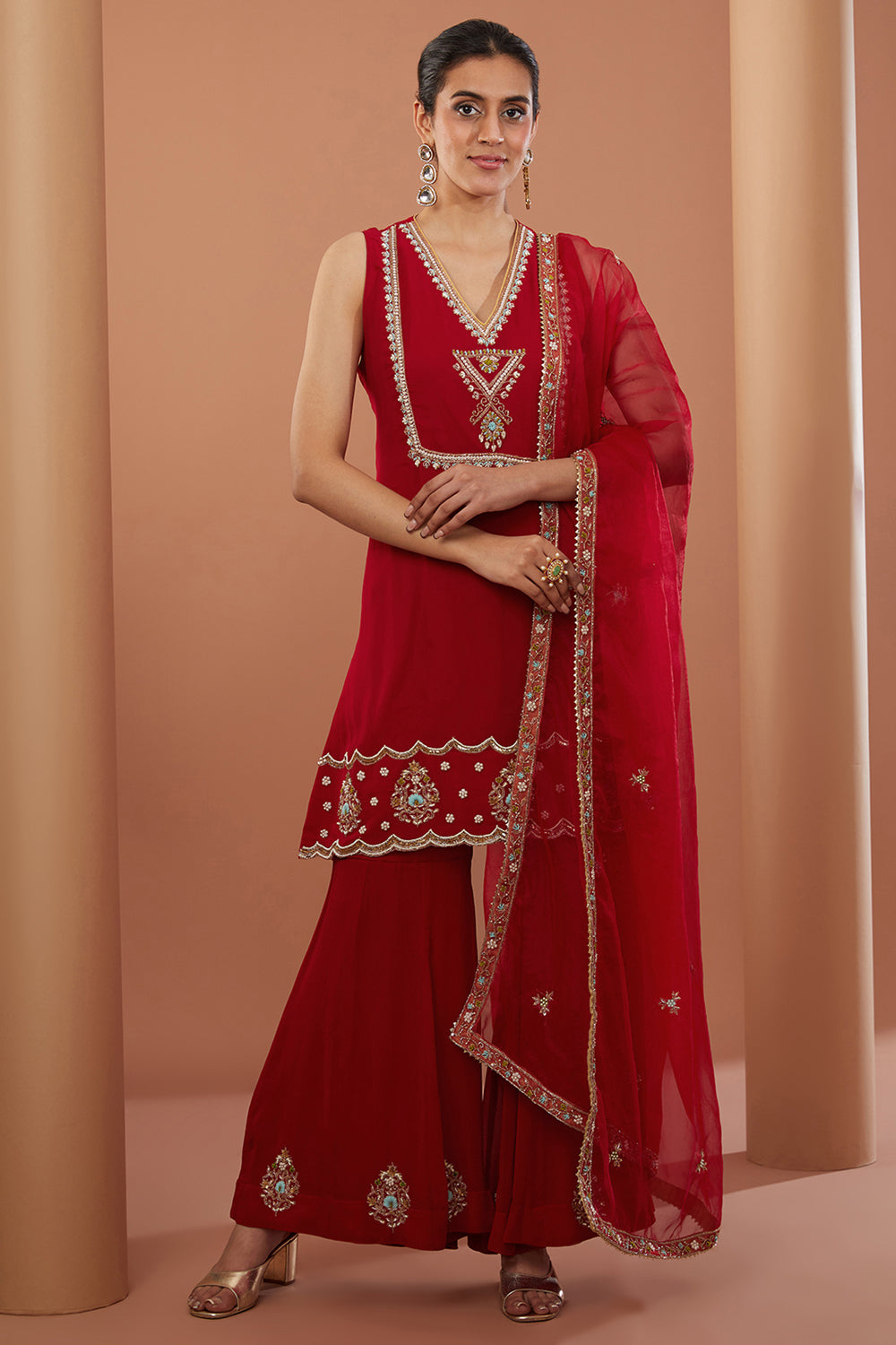 Red Georgette Hand Embroidered Kurta Set