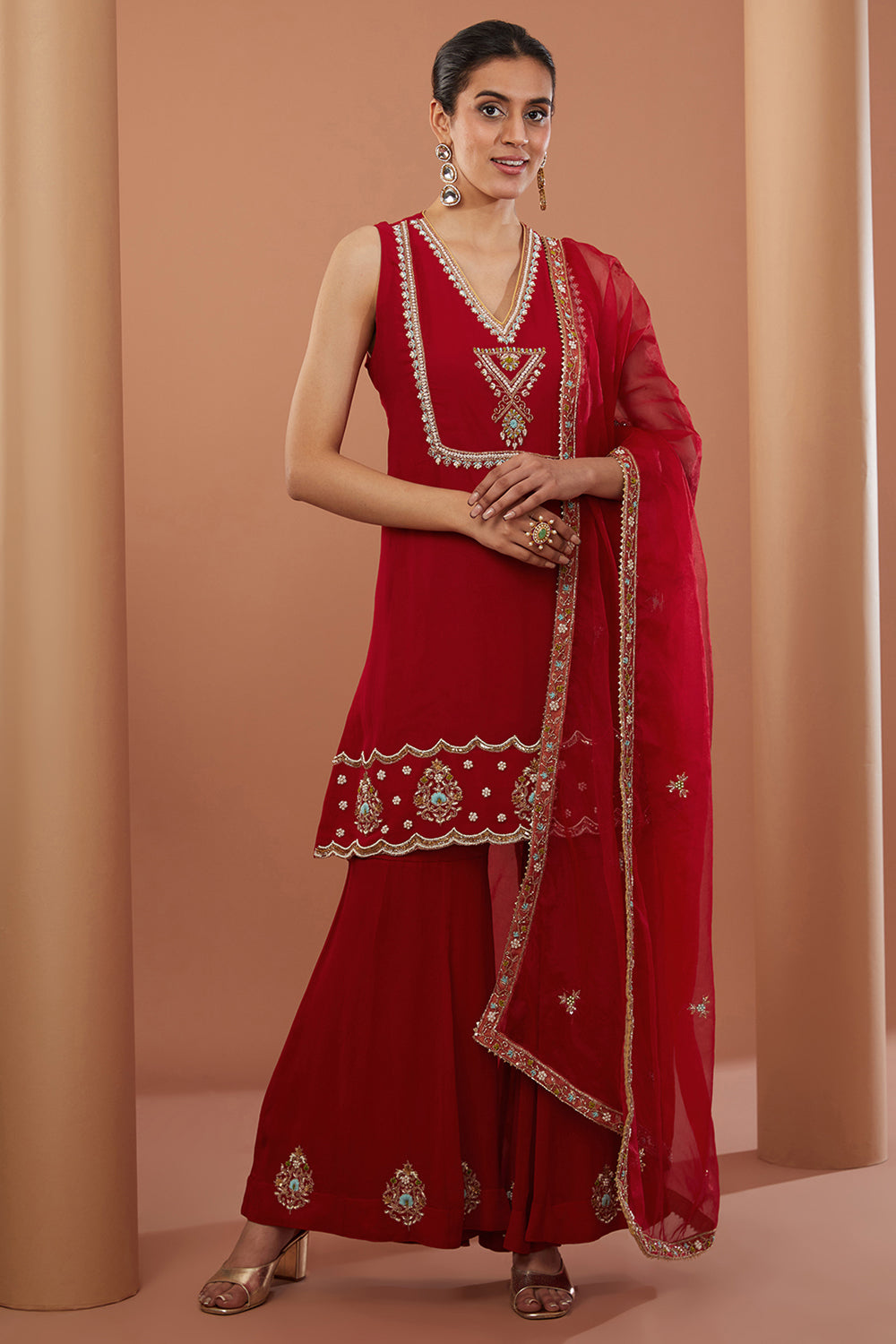 Red Georgette Hand Embroidered Kurta Set