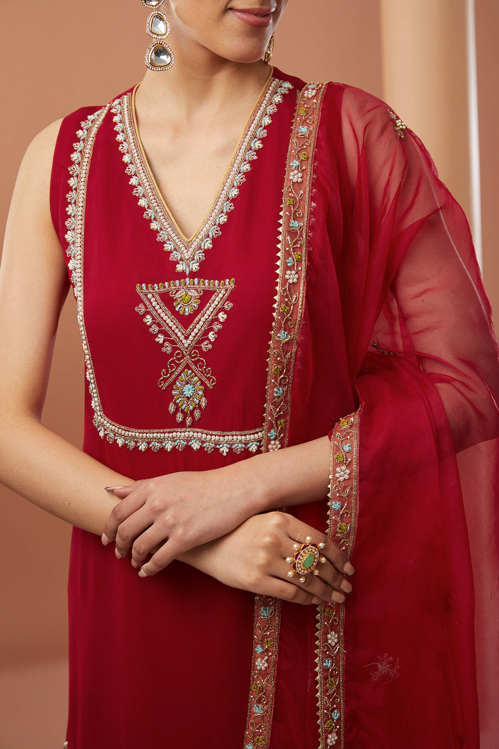 Red Georgette Hand Embroidered Kurta Set