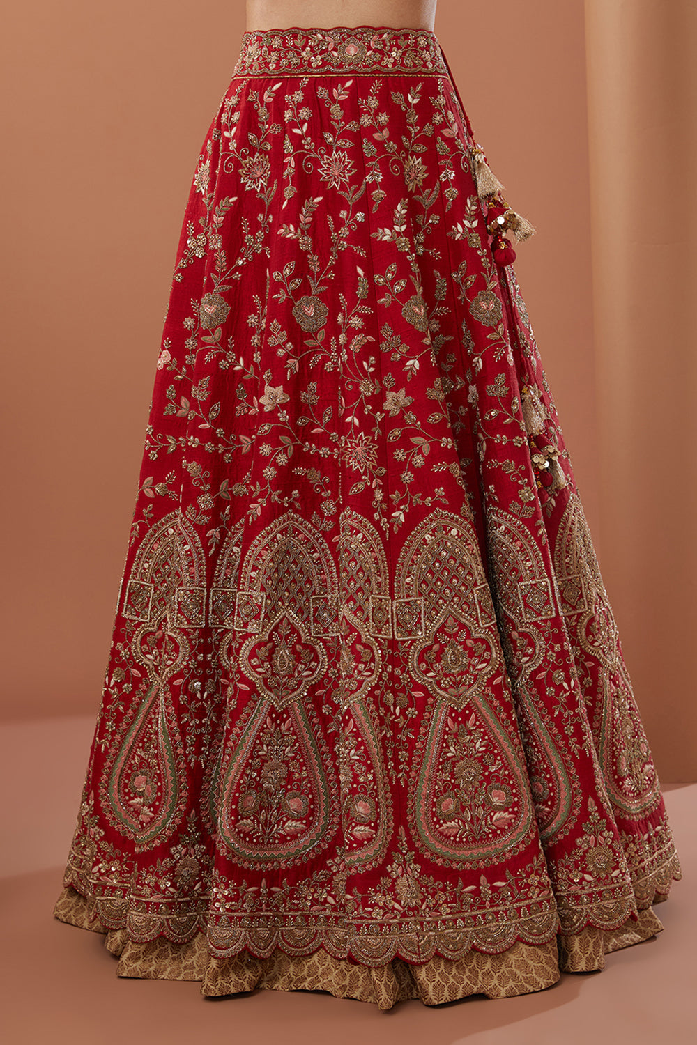 Red Raw Silk Hand Embroidered Lehanga Set