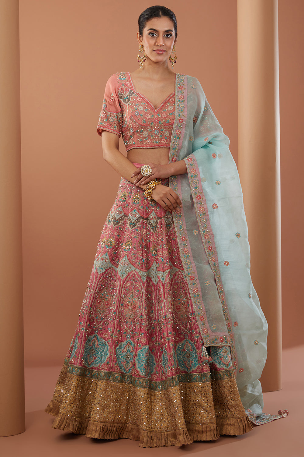 Pink Raw Silk Machine Embroidered Lehanga Set