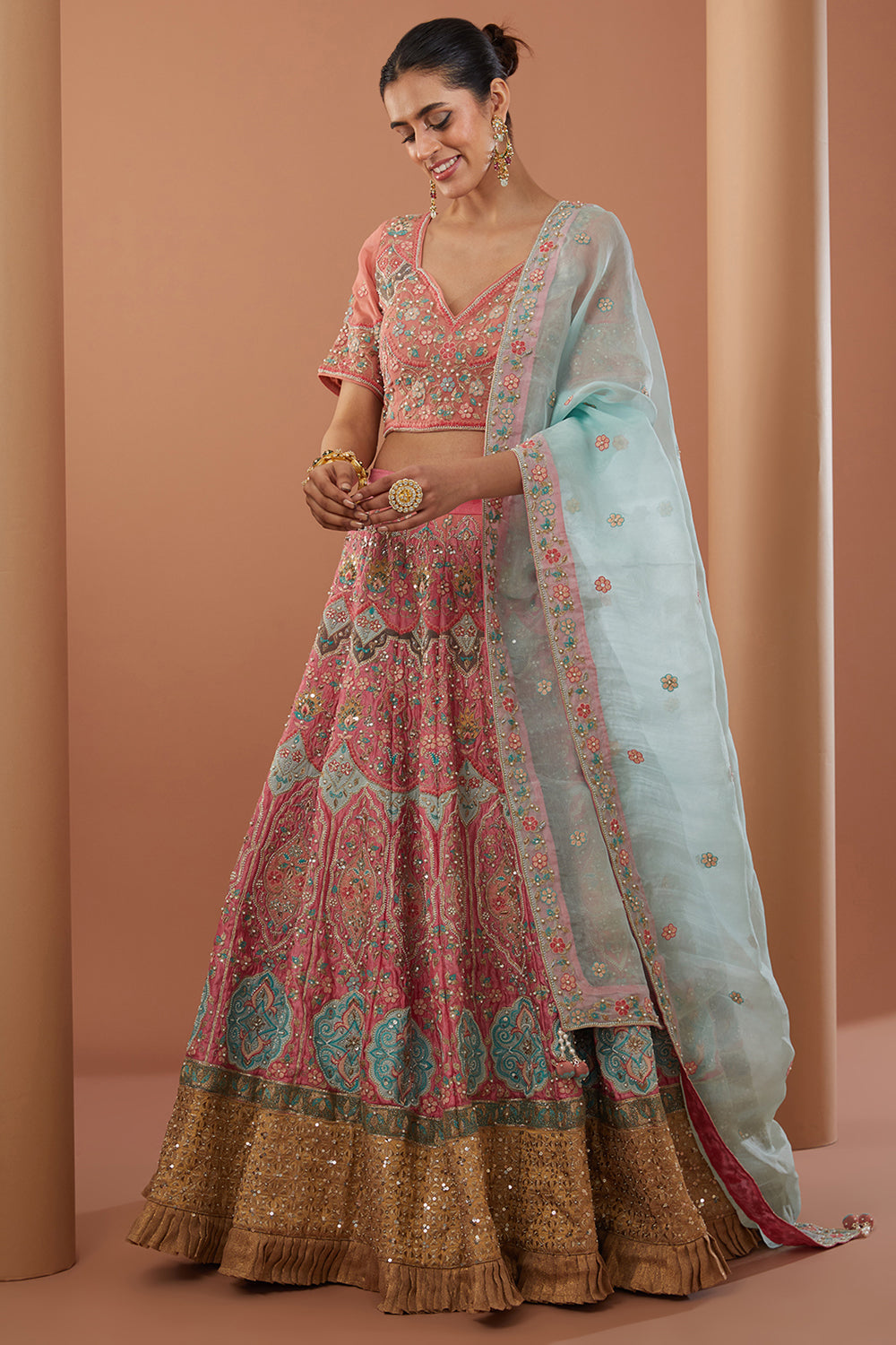 Pink Raw Silk Machine Embroidered Lehanga Set