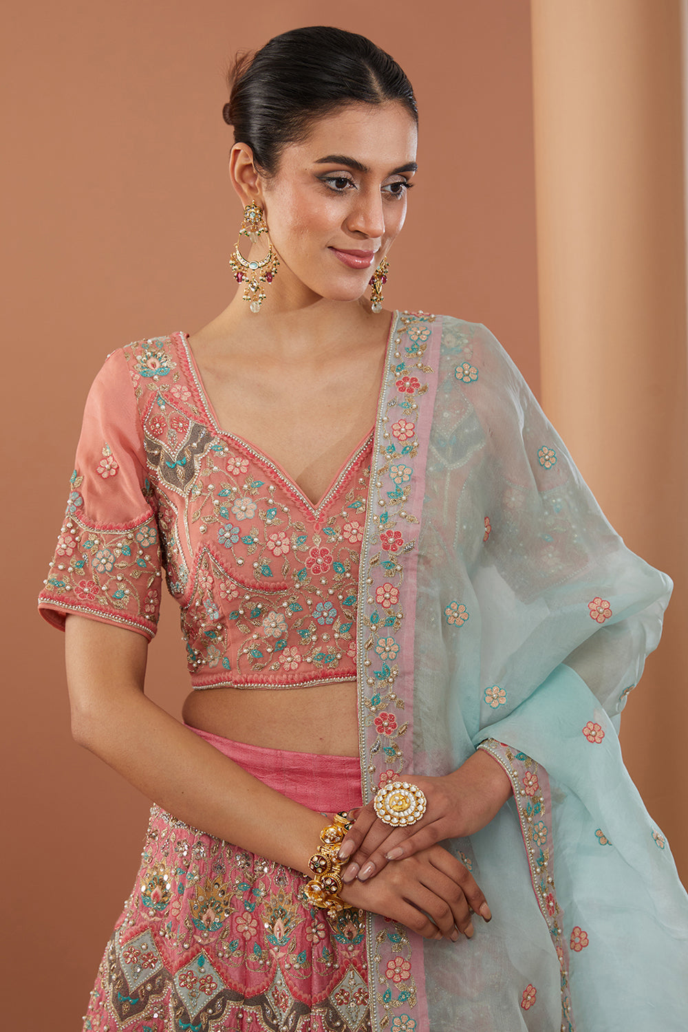 Pink Raw Silk Machine Embroidered Lehanga Set