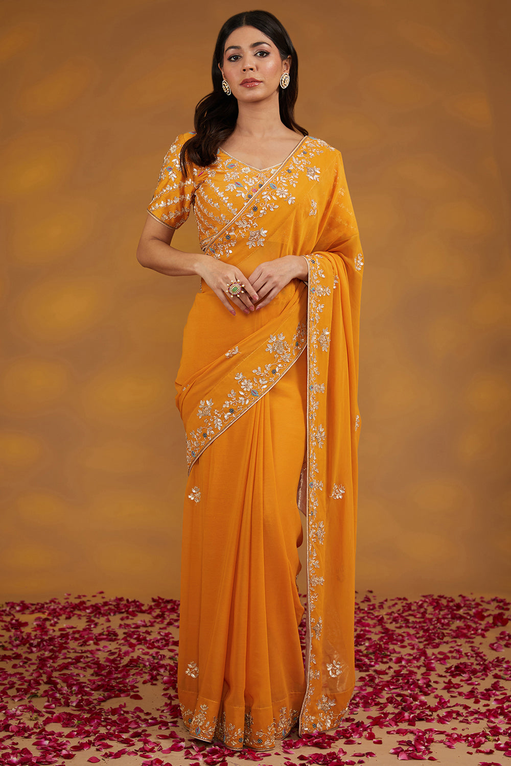 Yellow Georgette Hand Saree Set Set