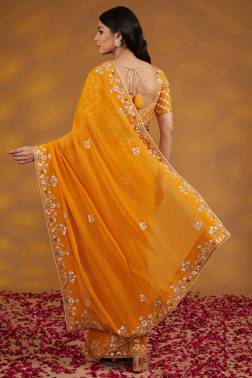 Yellow Georgette Hand Saree Set Set