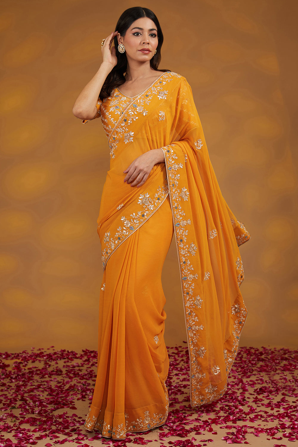 Yellow Georgette Hand Saree Set Set