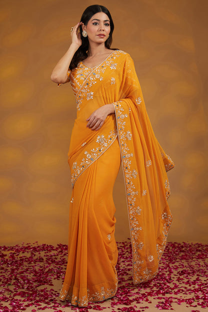 Yellow Georgette Hand Saree Set Set