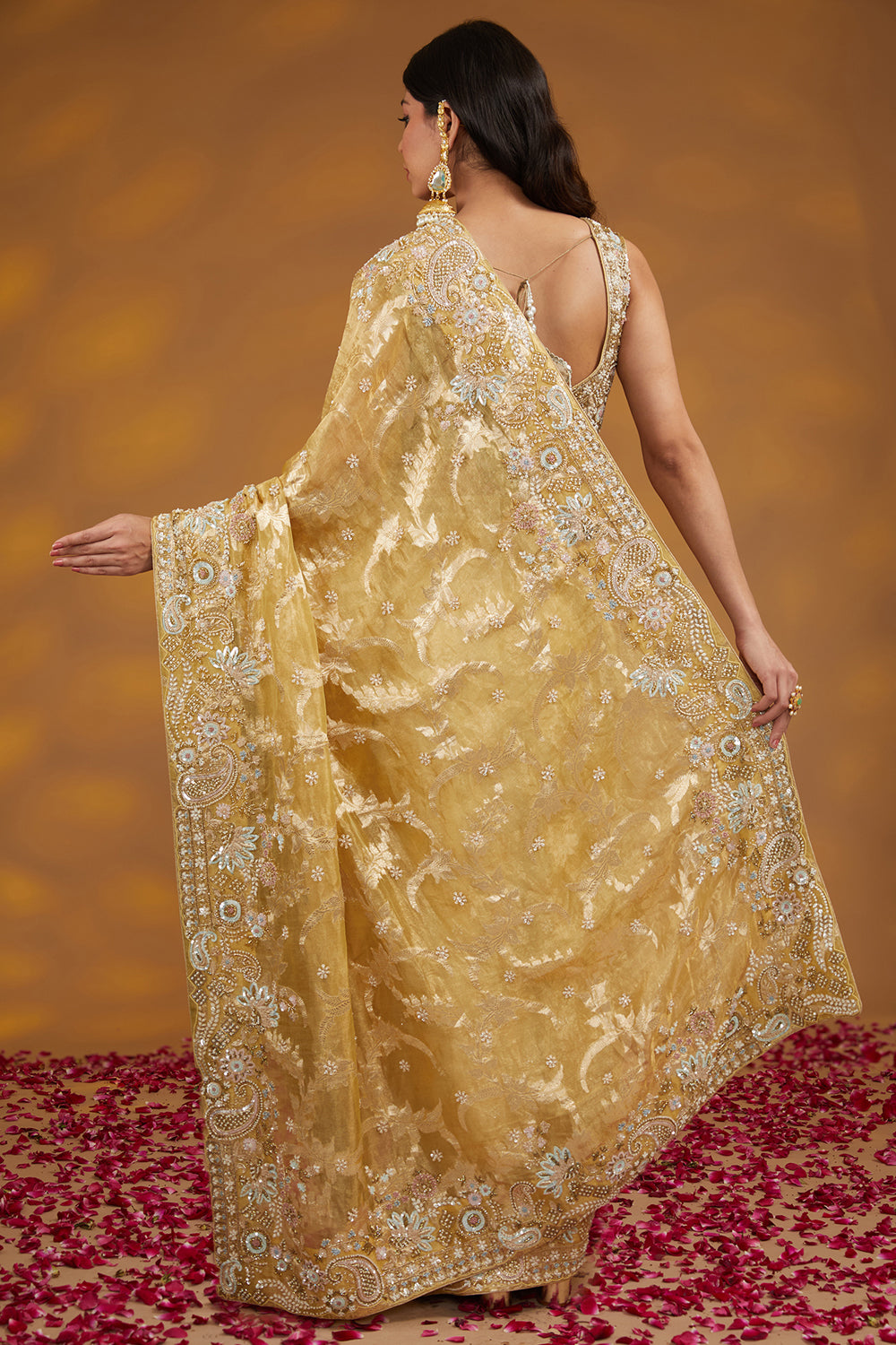 Gold Organza Tissue Hand Saree Set Set