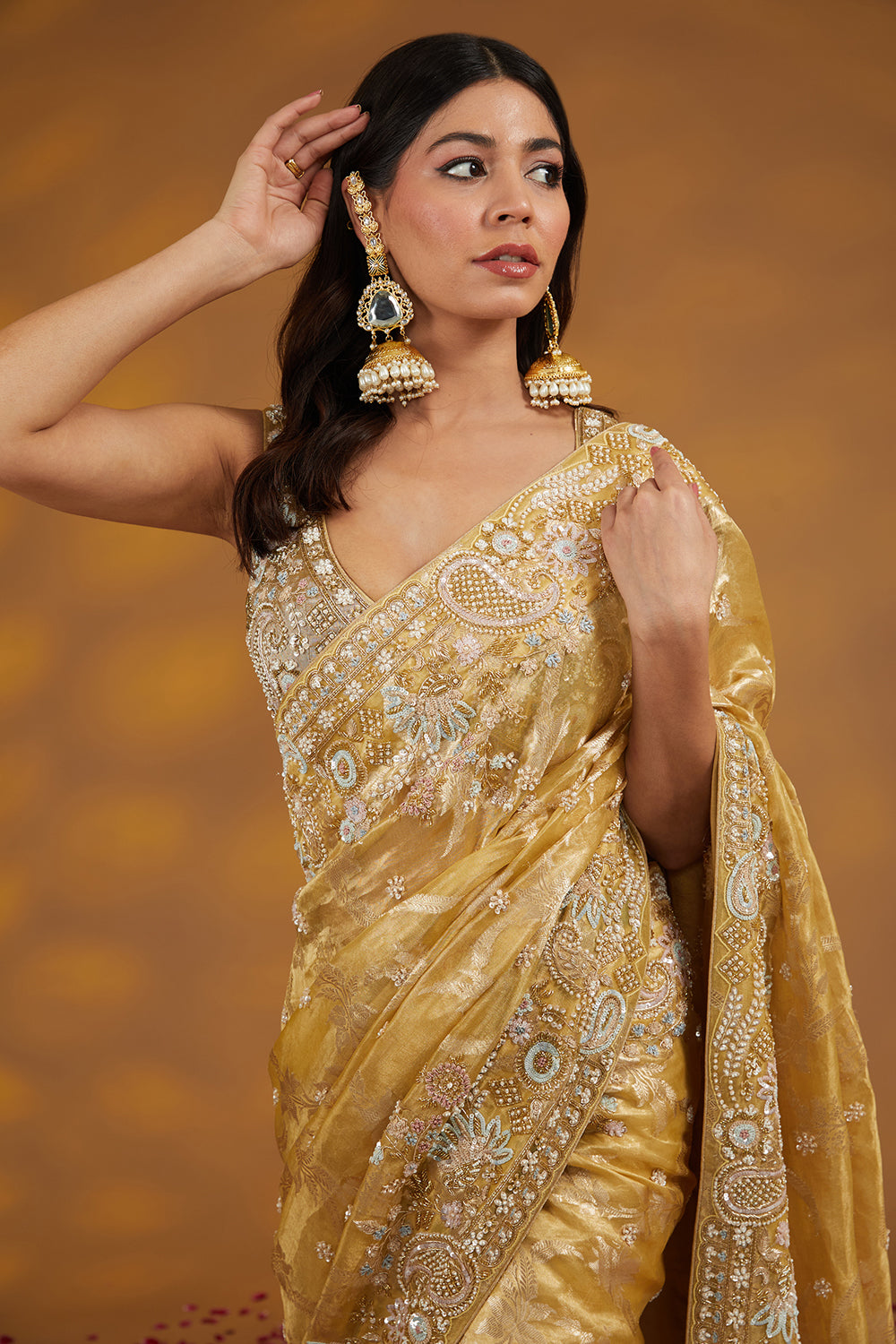 Gold Organza Tissue Hand Saree Set Set