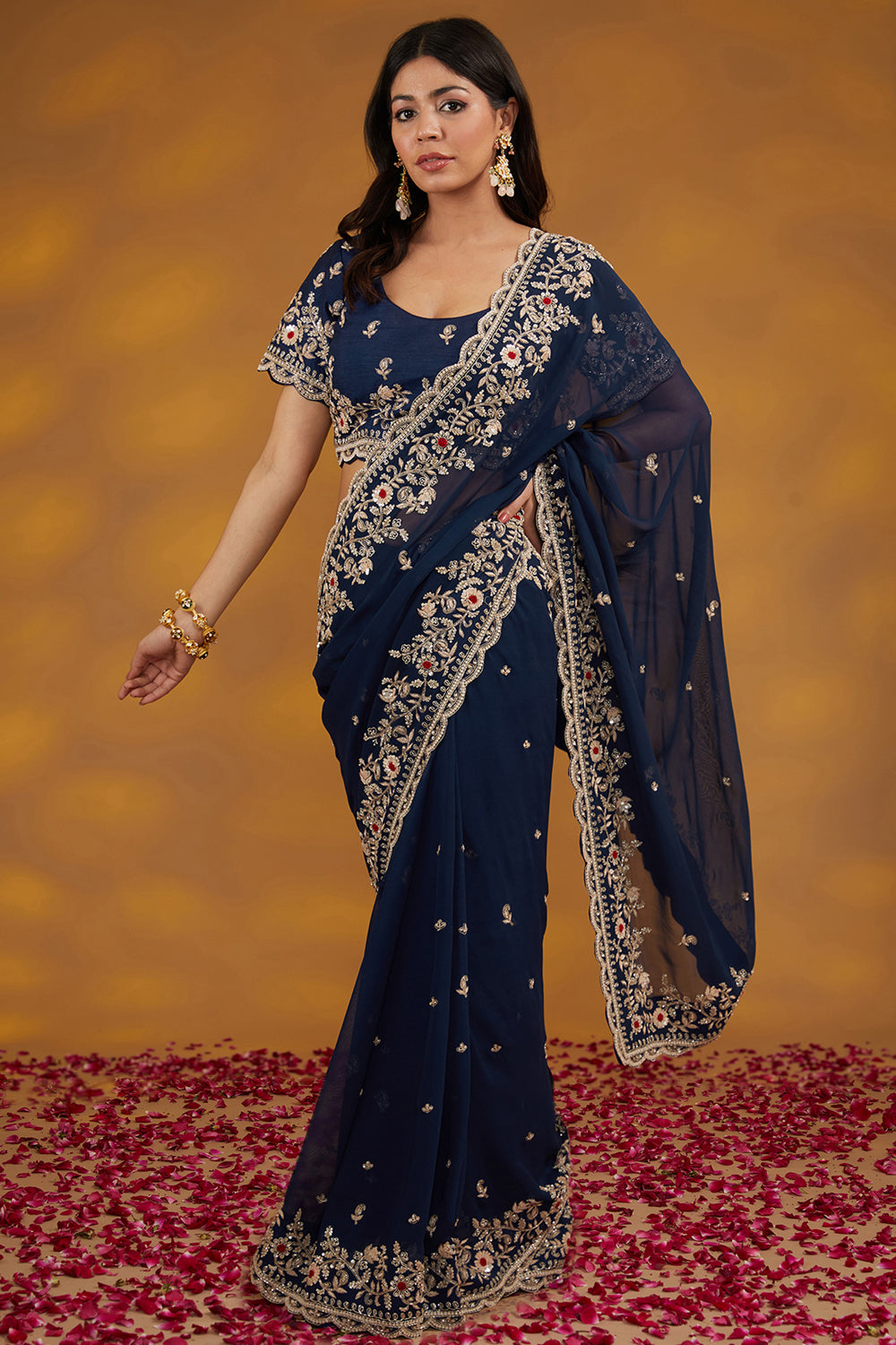 Blue Georgette Hand Saree Set Set