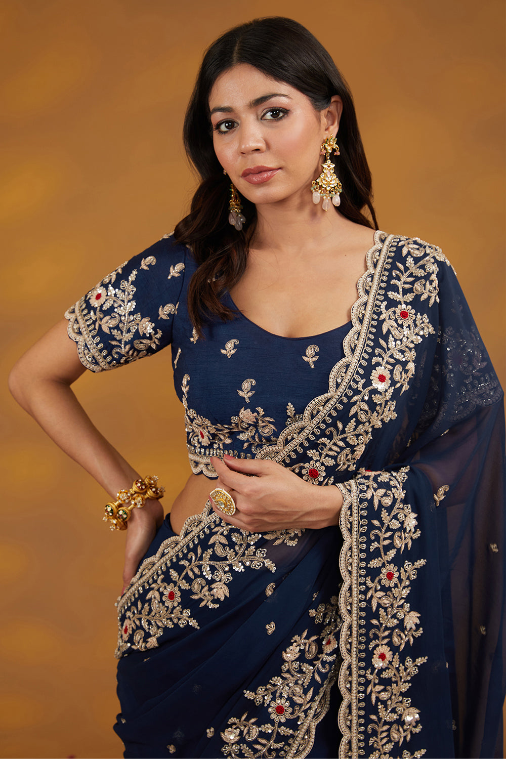 Blue Georgette Hand Saree Set Set